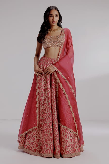 Taisha_Red , Organza, Georgette Sequins, Tapeta Tulip Jaal Lehenga Set _Online_at_Aza_Fashions