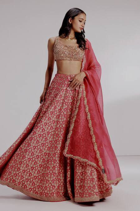 Buy_Taisha_Red , Organza, Georgette Sequins, Tapeta Tulip Jaal Lehenga Set _Online_at_Aza_Fashions
