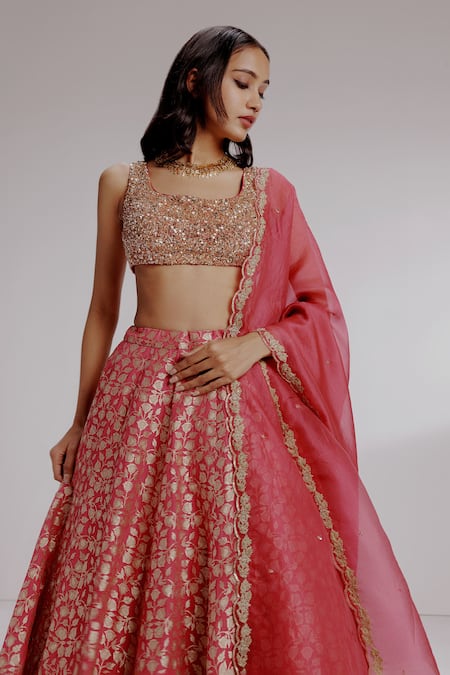 Shop_Taisha_Red , Organza, Georgette Sequins, Tapeta Tulip Jaal Lehenga Set _Online_at_Aza_Fashions