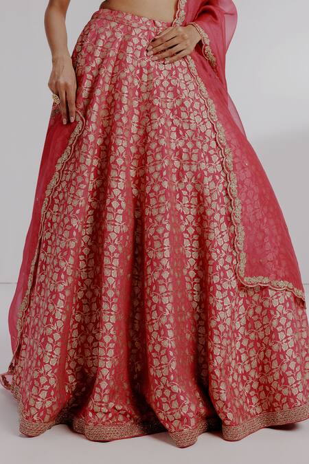 Taisha_Red , Organza, Georgette Sequins, Tapeta Tulip Jaal Lehenga Set _at_Aza_Fashions