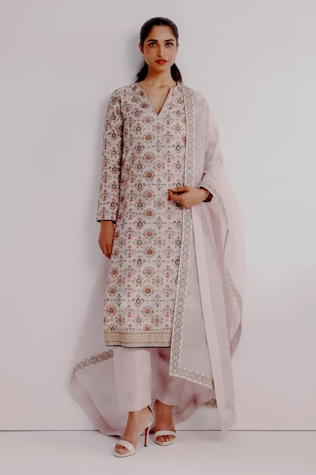 Taisha Multi Color Pure Khadi Organza Hand Embroidery Mughal Damini Kurta And Pant Set 