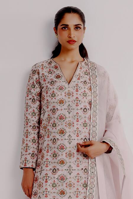 Taisha_Multi Color Cotton, Organza Embroidery Damini Mughal Jaal Kurta And Pant Set _Online_at_Aza_Fashions