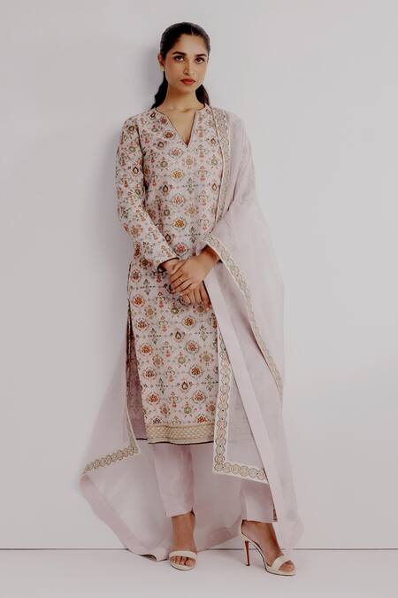 Buy_Taisha_Multi Color Cotton, Organza Embroidery Damini Mughal Jaal Kurta And Pant Set _Online_at_Aza_Fashions