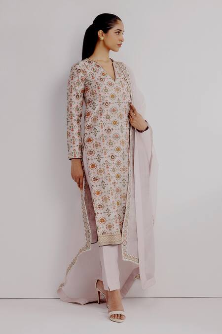 Shop_Taisha_Multi Color Cotton, Organza Embroidery Damini Mughal Jaal Kurta And Pant Set _Online_at_Aza_Fashions