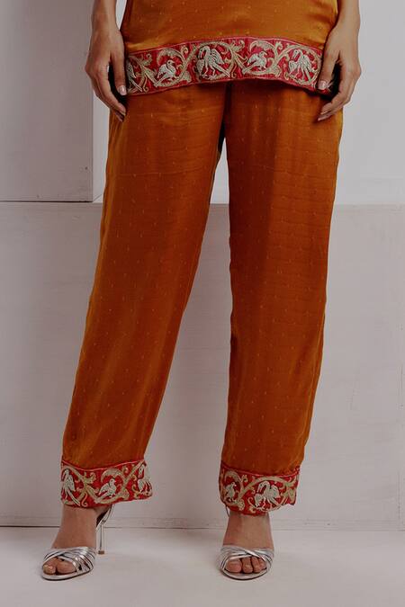Taisha_Orange Satin, Embroidery Round Hamsini Crane Short Kurta With Pant _Online_at_Aza_Fashions