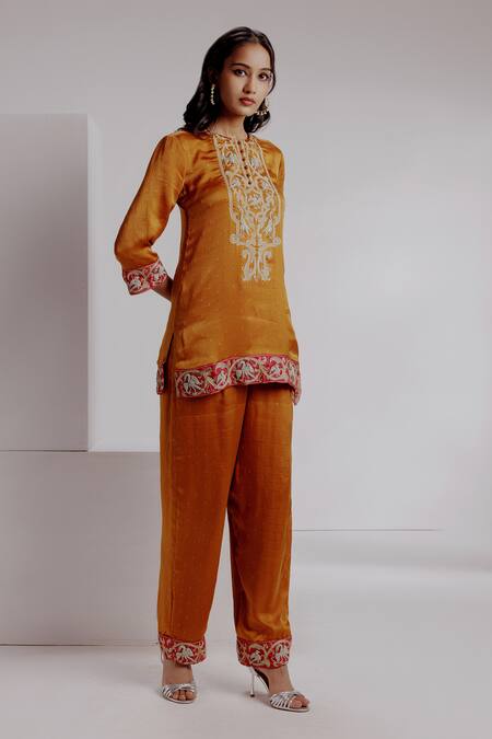 Buy_Taisha_Orange Satin, Embroidery Round Hamsini Crane Short Kurta With Pant _Online_at_Aza_Fashions