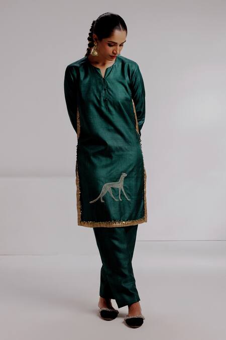 Taisha_Green Tussar, Silk Sequins, Nimra Leopard Embroidered Straight Kurta With Pant _Online_at_Aza_Fashions