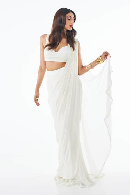 Ankita Bajaj Label_Ivory Georgette Crystals Sweetheart Moonlit Pearl Pre-draped Saree With Blouse _Online_at_Aza_Fashions