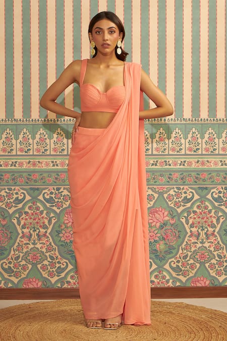 Ankita Bajaj Label Peach Pre-Draped Slit Saree Set For Kids