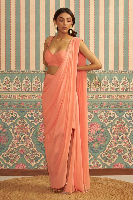 Ankita Bajaj Label_Peach Georgette Pre-draped Slit Saree Set For Kids_Online_at_Aza_Fashions