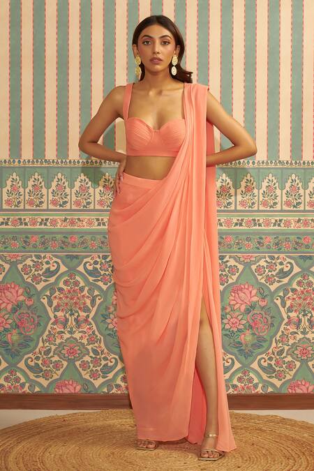 Buy_Ankita Bajaj Label_Peach Georgette Pre-draped Slit Saree Set For Kids_Online_at_Aza_Fashions