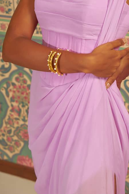 Shop_Ankita Bajaj Label_Purple Georgette Scoop Neck Twilight Bloom Pre-draped Saree With Corset _Online_at_Aza_Fashions