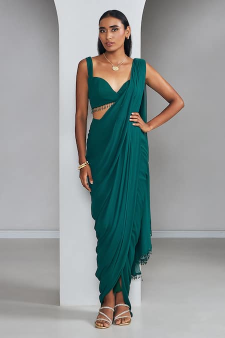 Ankita Bajaj Label Green Pure Georgette Plain Enchanted Forest Pre-draped Saree With Blouse 