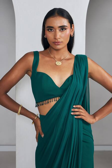 Buy_Ankita Bajaj Label_Green Georgette Tassels, Beads Enchanted Forest Pre-draped Saree With Blouse _Online_at_Aza_Fashions