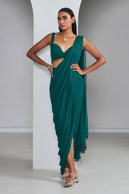 Shop_Ankita Bajaj Label_Green Georgette Tassels, Beads Enchanted Forest Pre-draped Saree With Blouse _Online_at_Aza_Fashions