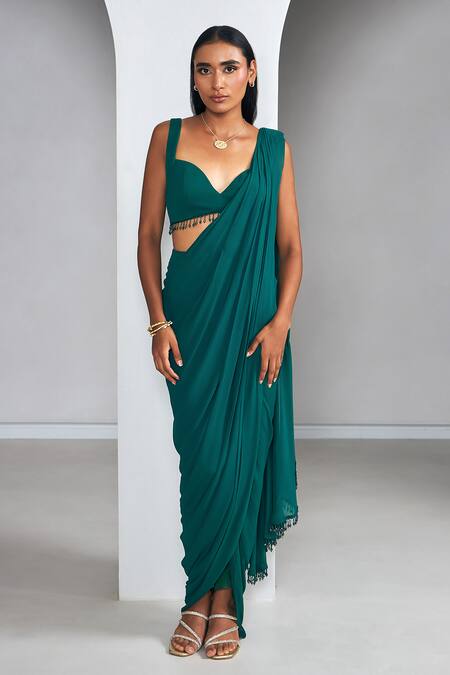 Ankita Bajaj Label_Green Georgette Tassels, Beads Enchanted Forest Pre-draped Saree With Blouse _at_Aza_Fashions