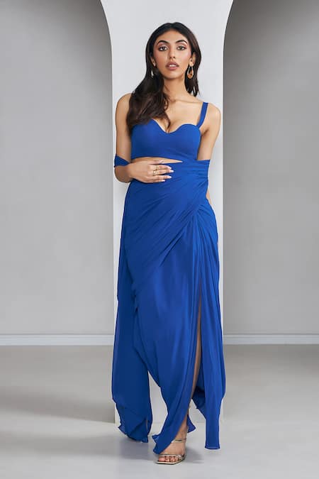 Ankita Bajaj Label Electric Blue Pre-Draped Saree & Blouse For Kids