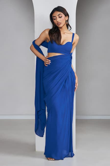 Ankita Bajaj Label_Blue Georgette Electric Pre-draped Saree And Blouse For Kids_Online_at_Aza_Fashions