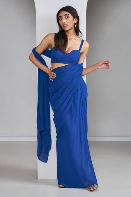 Buy_Ankita Bajaj Label_Blue Georgette Electric Pre-draped Saree And Blouse For Kids_Online_at_Aza_Fashions