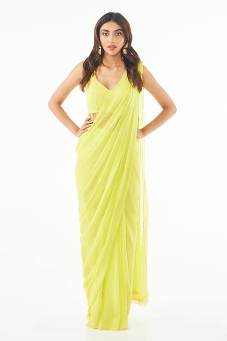 Ankita Bajaj Label Yellow Pure Georgette Plain Paan Neck Citrus Pop Pre-draped Saree With Blouse 