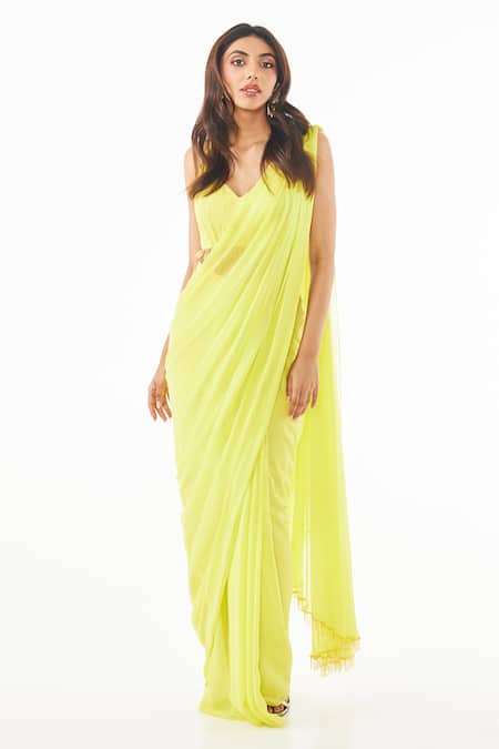 Ankita Bajaj Label_Yellow Georgette Crystals Lime Pre-draped Saree Set For Kids_Online_at_Aza_Fashions