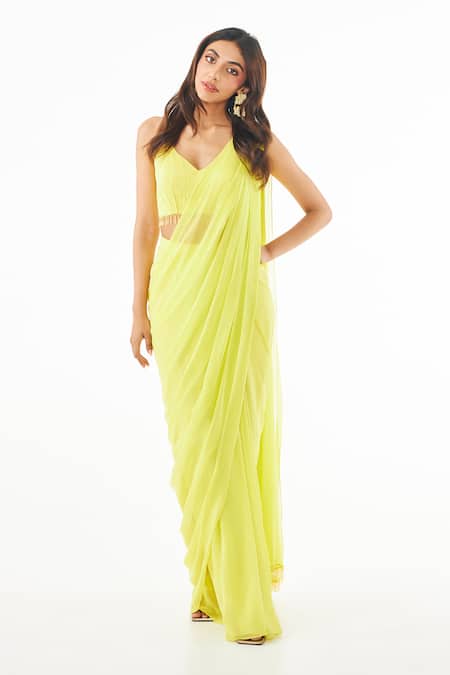 Buy_Ankita Bajaj Label_Yellow Georgette Crystals Lime Pre-draped Saree Set For Kids_Online_at_Aza_Fashions