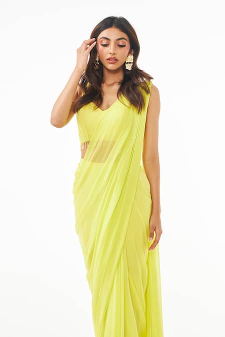 Shop_Ankita Bajaj Label_Yellow Georgette Crystals Lime Pre-draped Saree Set For Kids_Online_at_Aza_Fashions