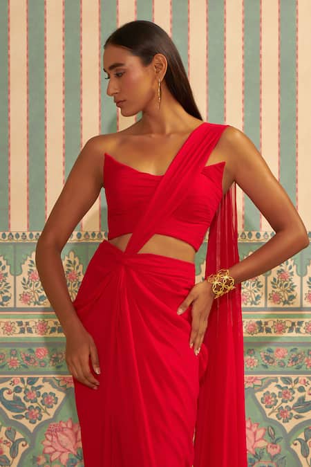 Ankita Bajaj Label_Red Georgette Pre-draped Saree With Blouse For Kids_Online_at_Aza_Fashions