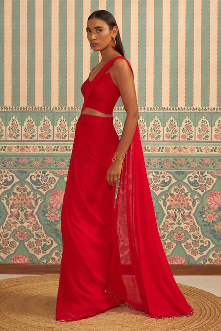 Buy_Ankita Bajaj Label_Red Georgette Pre-draped Saree With Blouse For Kids_Online_at_Aza_Fashions