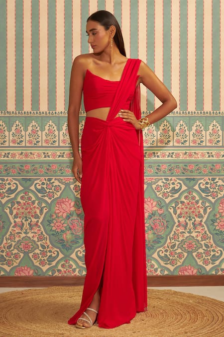 Shop_Ankita Bajaj Label_Red Georgette Pre-draped Saree With Blouse For Kids_Online_at_Aza_Fashions