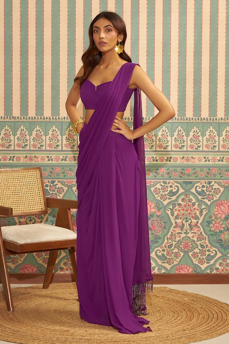 Ankita Bajaj Label_Purple Georgette Crystals Pre-draped Saree With Blouse For Kids_Online_at_Aza_Fashions