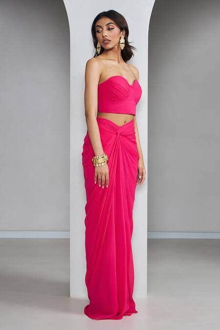 Buy_Ankita Bajaj Label_Pink Georgette Sweetheart Neck Flamingo Flash Bustier With Skirt _Online_at_Aza_Fashions