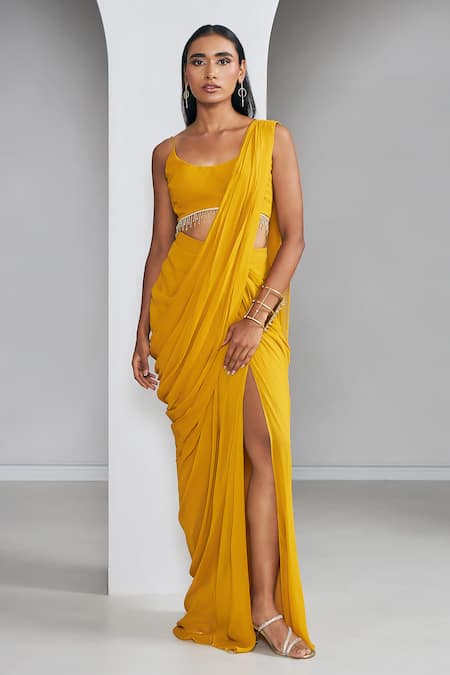 Ankita Bajaj Label Saffron Glow Pre-Draped Saree With Blouse 