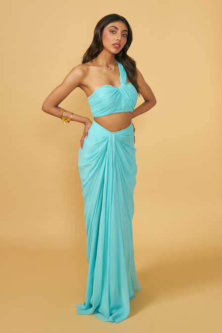 Shop_Ankita Bajaj Label_Blue Georgette Asymmetric Crystal Lagoon Pre-draped Saree With Blouse _Online_at_Aza_Fashions