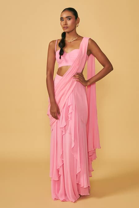 Ankita Bajaj Label Cotton Candy Ruffle Pre-Draped Saree With Blouse 