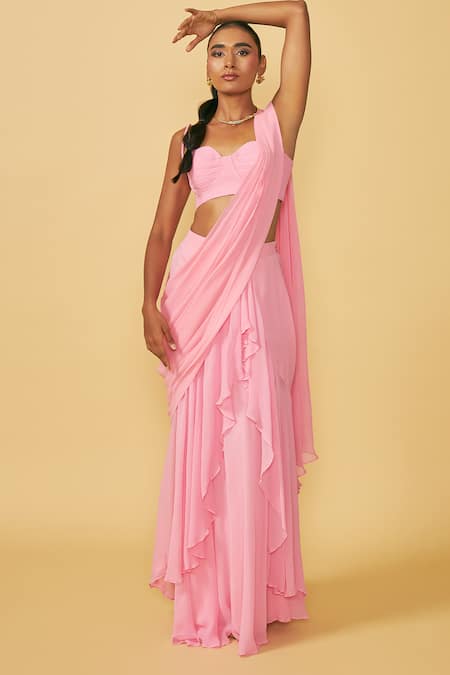 Buy_Ankita Bajaj Label_Pink Georgette Baby Ruffle Pre-draped Saree And Blouse For Kids_Online_at_Aza_Fashions