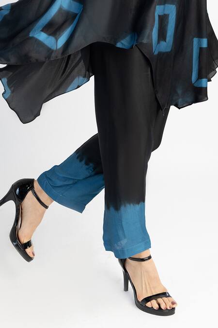 Myst Designs_Black Modal, Satin Mandarin Collar Tie-dye Asymmetric Tunic With Pant _Online_at_Aza_Fashions