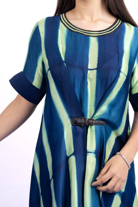Myst Designs_Blue Modal, Satin Round Neck Asymmetric Tie-dye Dress _Online_at_Aza_Fashions