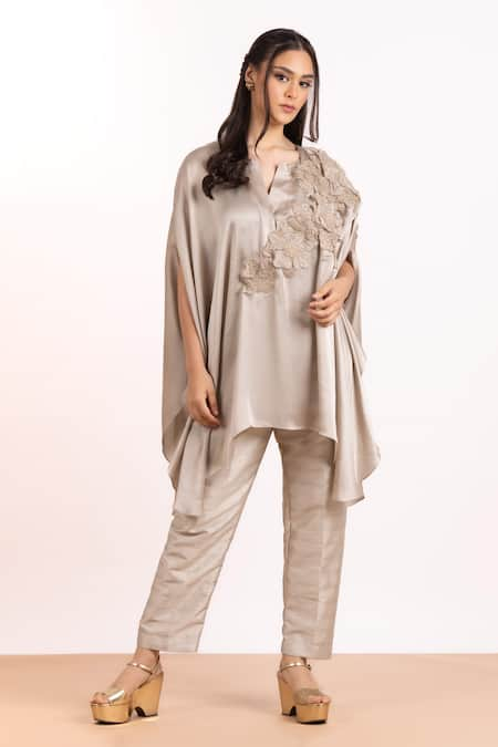 MYST Designs Beige Modal Satin Embellished Applique Notched Cape Tunic With Pant 