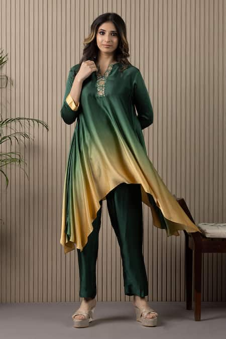 MYST Designs Green Modal Satin Embellished Sequin Notched Shaded Asymmetric Tunic With Pant 