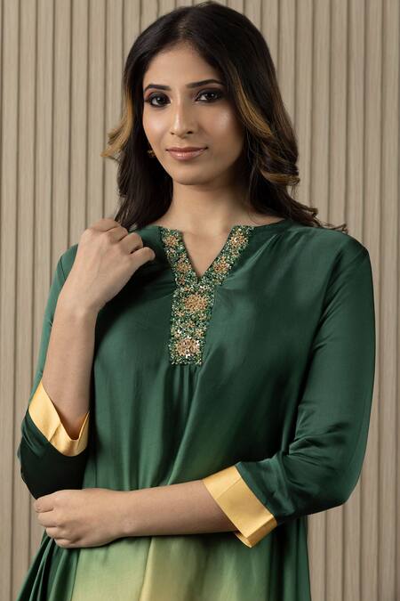 Myst Designs_Green Modal, Satin Sequins Shaded Asymmetric Tunic With Pant _Online_at_Aza_Fashions
