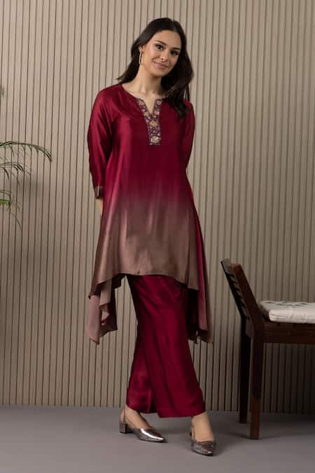 Shop_Myst Designs_Maroon Modal Satin Hand Work Floral Notched Ombre Asymmetric Tunic With Pant _at_Aza_Fashions