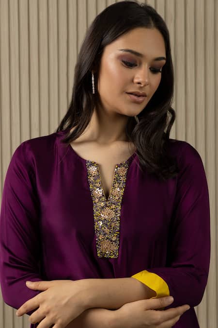 Myst Designs_Purple Modal, Satin Embroidery Round Neck Ombre Tunic With Pant _Online_at_Aza_Fashions