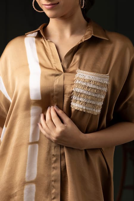 Myst Designs_Beige Modal, Satin Collared Embellished Pocket Shirt With Pant _Online_at_Aza_Fashions
