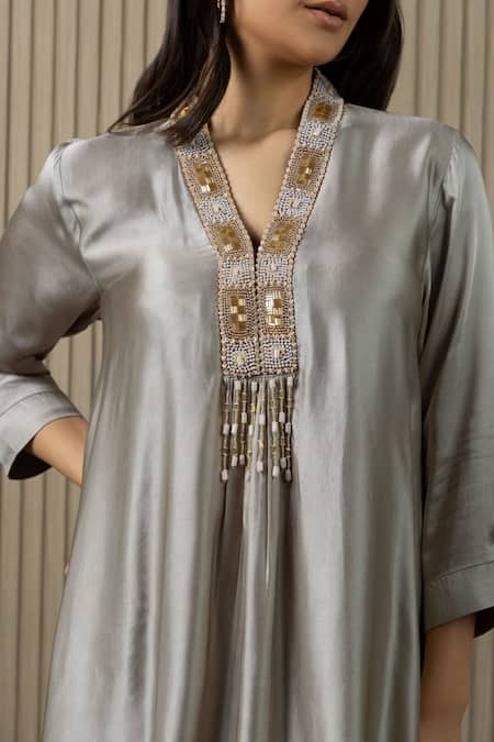 Myst Designs_Grey Modal, Satin Beads, Sequins, Tassels V-neck Asymmetric Tunic With Pant _Online_at_Aza_Fashions