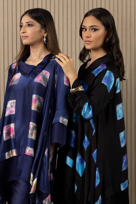Myst Designs_Black Modal, Satin Cowl Neck Tie-dye Detailed Tunic With Pant _Online_at_Aza_Fashions