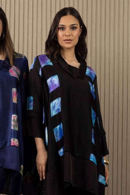 Buy_Myst Designs_Black Modal, Satin Cowl Neck Tie-dye Detailed Tunic With Pant _Online_at_Aza_Fashions