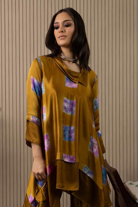 Myst Designs_Yellow Modal, Satin Cowl Neck Tunic And Pant Set _Online_at_Aza_Fashions