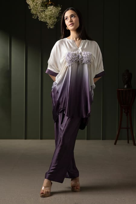 MYST Designs Purple Modal Satin Hand Embroidered 3d Floral Notched Tunic With Trousers 