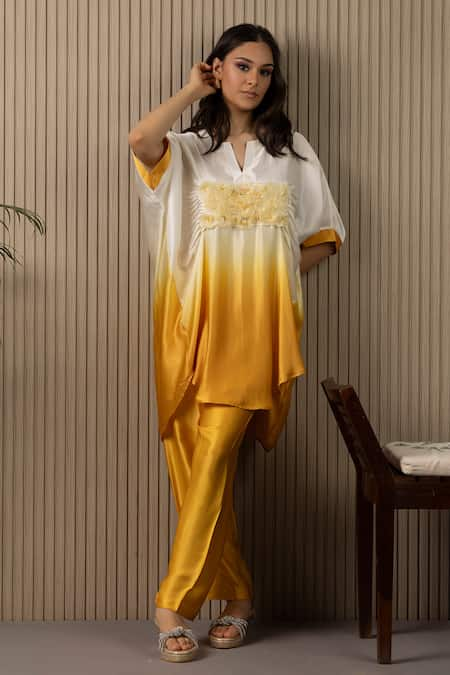 MYST Designs Yellow Modal Satin Hand Embroidered 3d Floral Organza Tunic With Trousers 